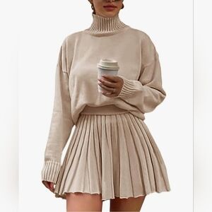 Cream Turtleneck Sweater and Skirt Set